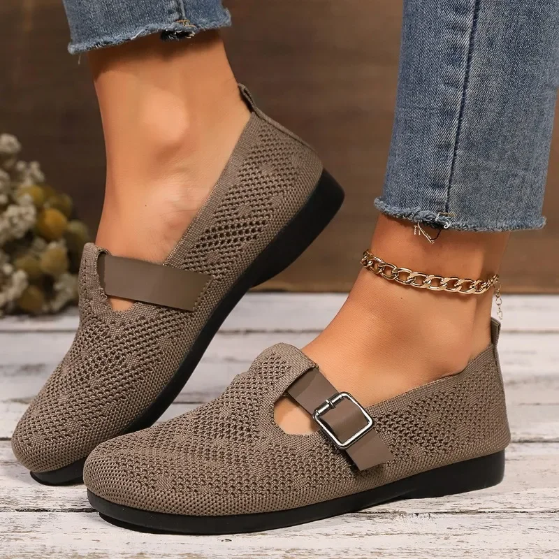 Zapatos planos de alta calidad con hebilla de cinturón para mujer, zapatos planos informales poco profundos, zapatos planos básicos de malla sólida, gran oferta, 2024