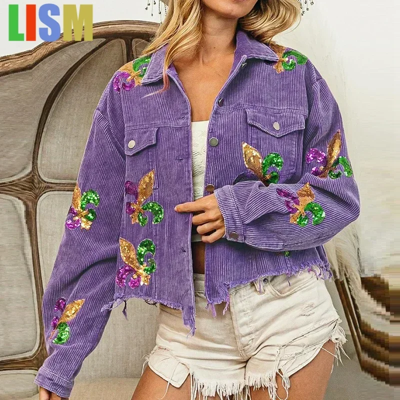 

LISM Floral Corduroy Coat Women Mardi Gras Winter Ropa Cardigan Sequin Punk Gothic Bomber Jacket Windbreaker Y2k Jackets