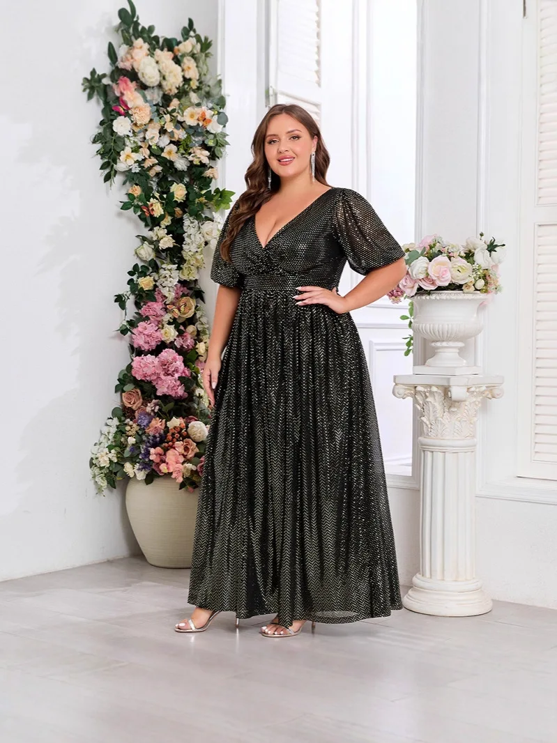 BKQU 우아한 플러스 사이즈 반짝이는 브이넥 스플라이스 반소매 이브닝 가운 드레스 A-리스트 완전 안감 처리된 뒷면 지퍼 파티 드레스