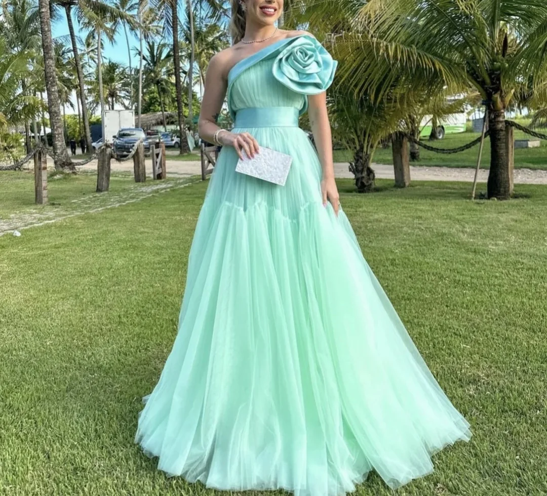 

Sexy Green Long Tulle Sleeveless Flower Embellished Dress A-Line Sheath Evening Gown Customised