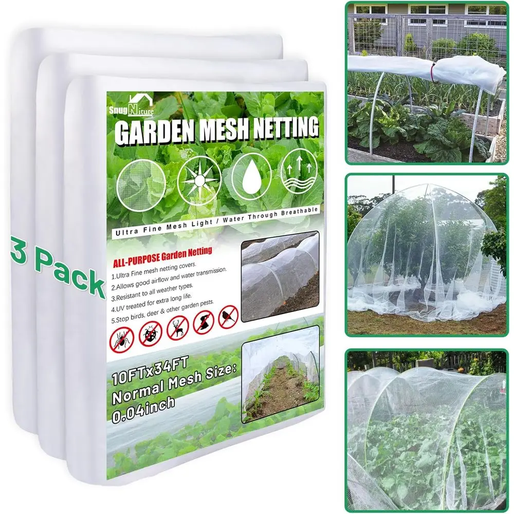 

3 Pack Garden Netting 10x33T Ultra ine Mesh Mosquito Netting Plant Covers, White Bird Netting Barrier Greenhouse Row Cover Prote