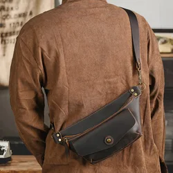 Mala de couro cavalo maluca para homens, bolsa de couro genuíno, estilo motocicleta, bolsa de cintura retrô artesanal