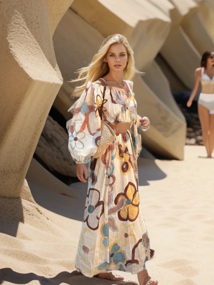 

Casual Women Print Long Skirt Sets Loose Lantern Long Sleeves Ruffle Off Shoulder Tops Low Waist Skirts New Summer Vacation Wear