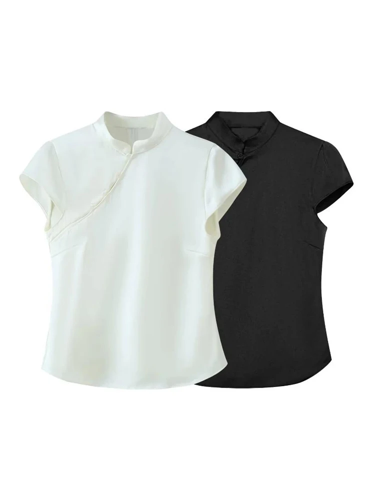

Женская однотонная атласная укороченная блузка с воротником-стойкой, элегантная минималистичная рубашка с коротким рукавом на пуговицах, женская уличная одежда в стиле Y2K, модель 2026