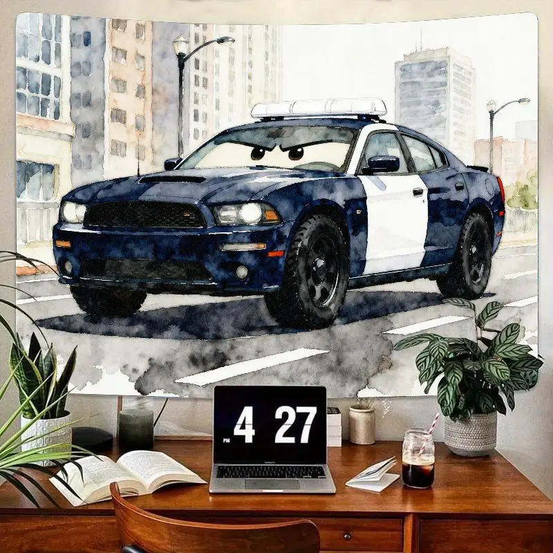 

1 шт. гобелен из полиэстера с мультяшным полицейским автомобилем, сине-белая акварельная настенная живопись, детский декор, современный подарок для любителей автомобилей для мальчиков.