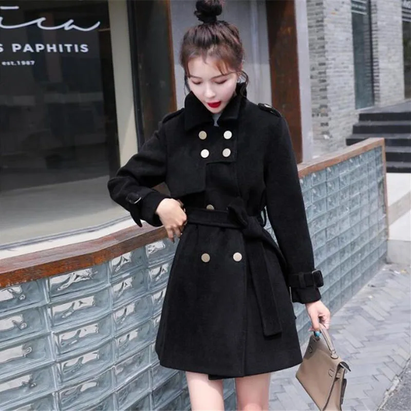 

2024 модный дизайн, двубортное шерстяное пальто, осенне-зимняя куртка средней длины, тонкое шерстяное пальто, женское пальто с поясом