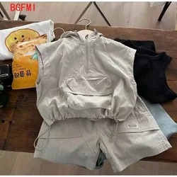 2-9Y Baby Boys Fashion Grey Sleeveless Sunscreen Hooded Set 2026 Summer Children's Kid Boy Handsome Lightweight Top and Shorts