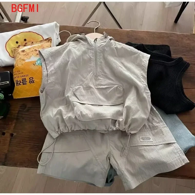 2-9Y Baby Boys Fashion Grey Sleeveless Sunscreen Hooded Set 2026 Summer Children's Kid Boy Handsome Lightweight Top and Shorts