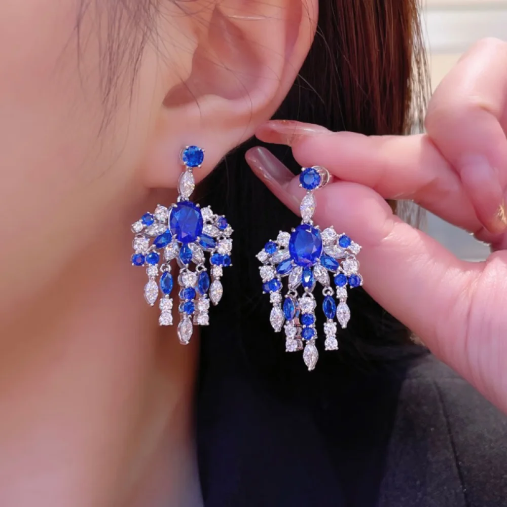 

CUMEE Chandelier Drop Earrings Cultivated and Synthesized Royal Blue Gemstone Sapphire Silver Plated Gold Earrings