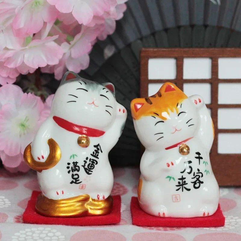 1 Set Ceramic Lucky Fortune Cat Desktop Decoration Mini Figurine Cute Kitten Maneki Neko Ornament With Cushion 3.15 Inch