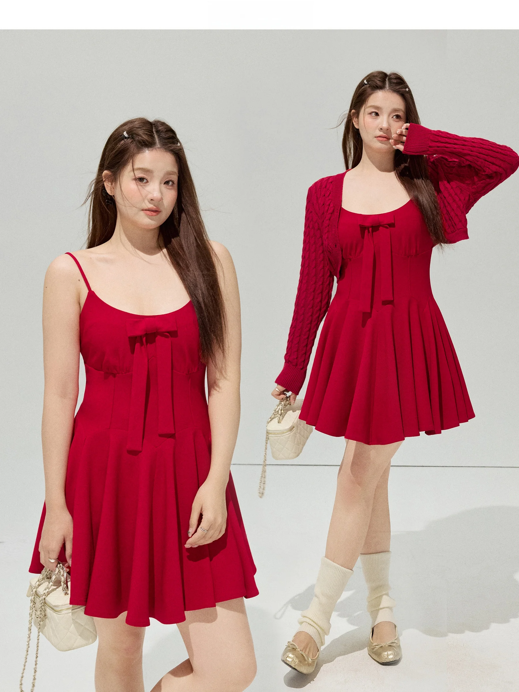 

Jiulu Studio "Right Beauty" plus Size Knot Strap Dress Cardigan Set Waist Cinched Sweet Style High Waist Spring Fas...