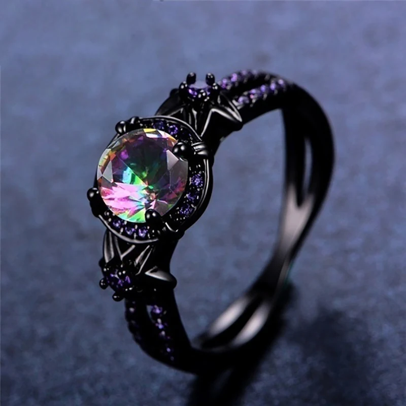 Jianjie Gothic Style Colored Crystal Zircon Inlay Women’s Rings Gun Black Delicate Unique Female Jewelry Accessories Tide