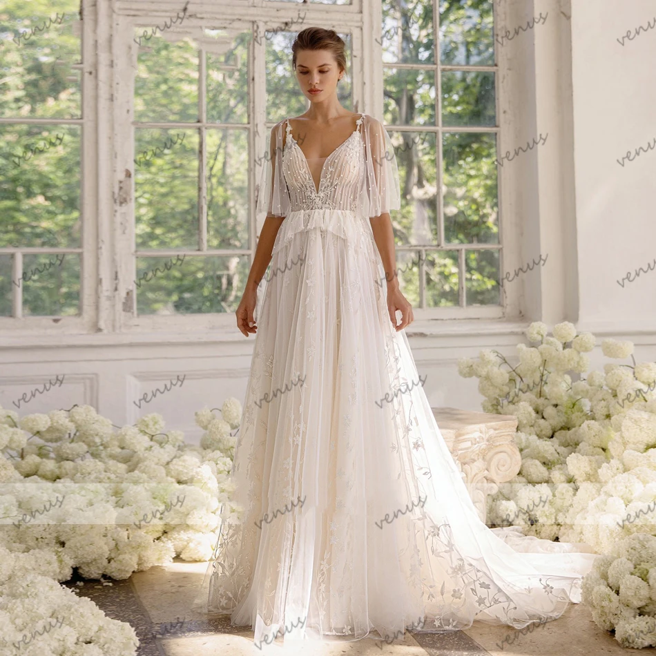 

Свадебные платья в богемном стиле, элегантные свадебные платья, кружевные аппликации, халаты с короткими рукавами для официальной вечеринки, Vestidos De Novia по индивидуальному заказу