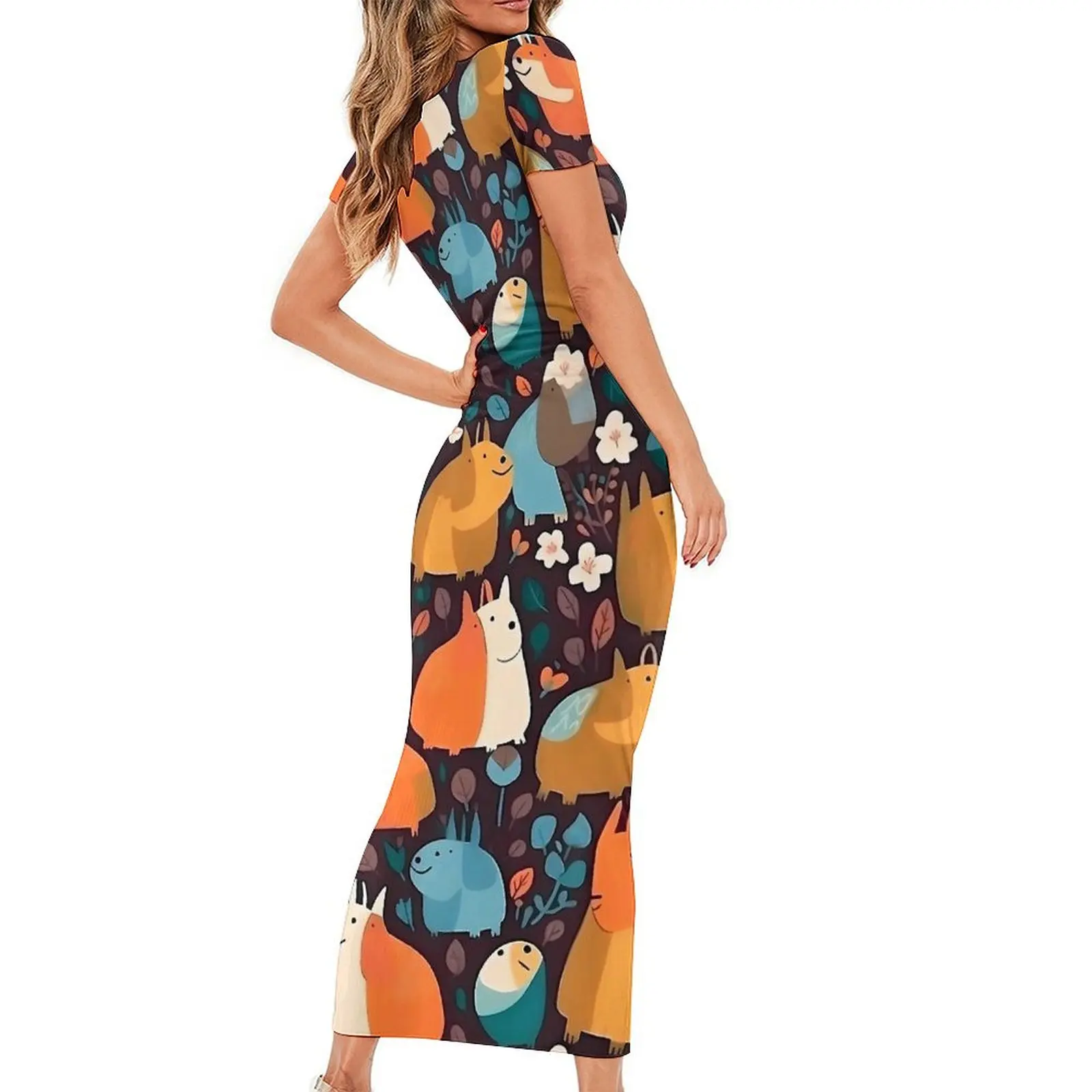 Colourful Crazy Capybara Pattern Bodycon Dress Women  Sexy Maxi Dresses Holiday Short Sleeve Street Style Pattern Big Size Dress