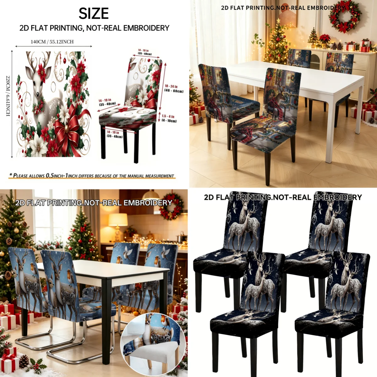 2/4/6 PCS Christmas reindeer print elastic dining chair cover, 2D flat print chair cover, Christmas party decorative chair cover