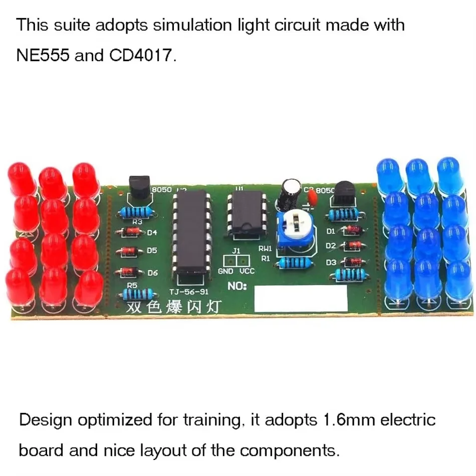 NE555 CD4017 IC LED لتقوم بها بنفسك طقم إضاءة إلكترونية أحمر أزرق ثنائي اللون لتقوم بها بنفسك عدة ستروب بدلة إلكترونية مكونات أضواء وامضة