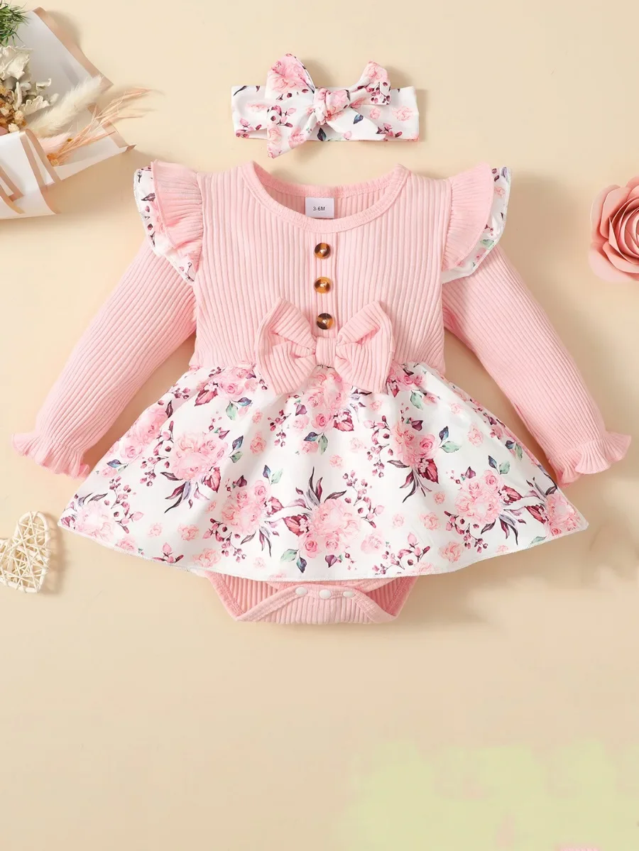 2PCS Baby Girl Princess Romper Dress Long Sleeved Lovely Ribbed Floral Jumpsuit with Headband for Newborn Baby Girl 0-18 Months