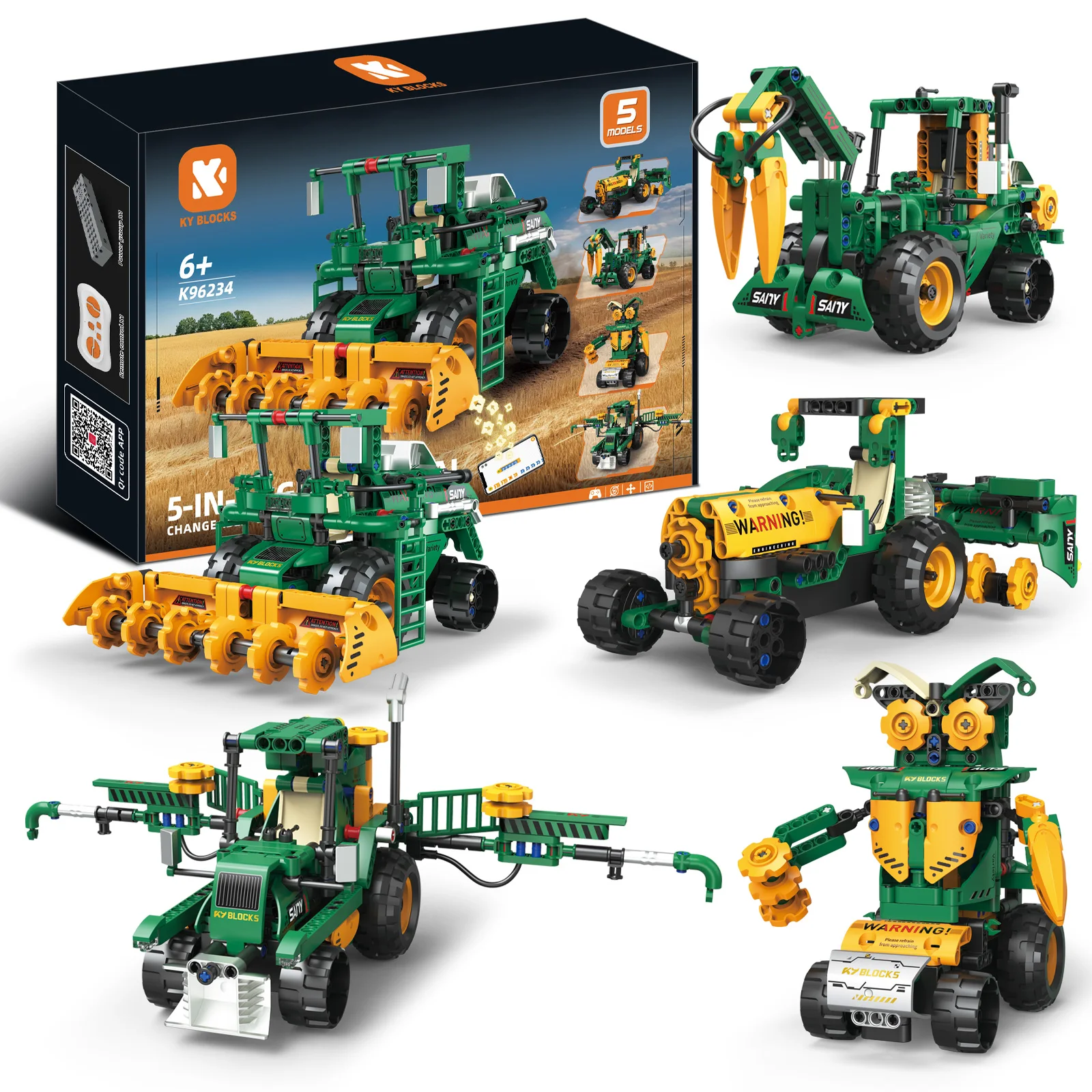96234 331PCS 5 in 1 Farm Vehicle Building Kit STEM RC Tractor Toy with Remote Control Educational Gift for Kids Adults