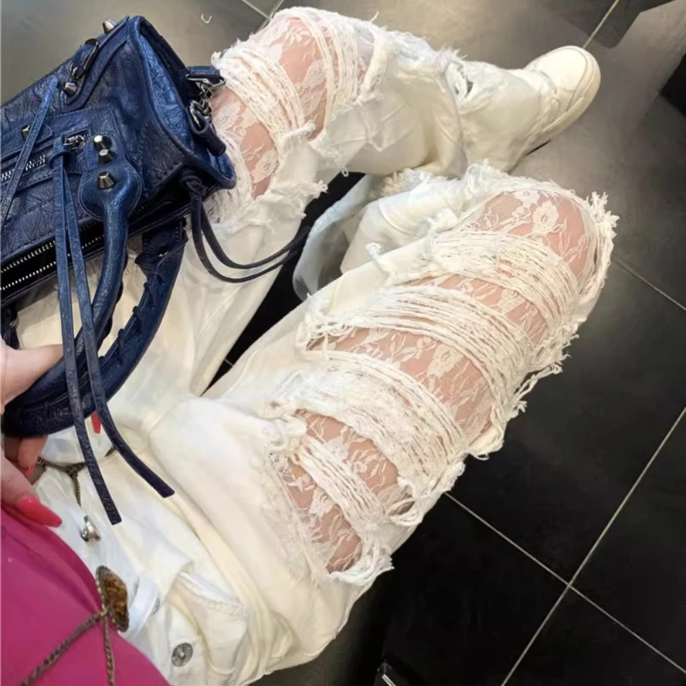 

Женские джинсы с кружевными вставками и рваными элементами, летние свободные брюки с широкими штанинами, стильные прямые длинные брюки с высокой талией, белые брюки