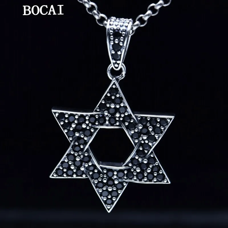 S925 Sterling Silver Personalized Hip Hop Versatile Set with Black Zircon Hexagram Pendant Gift for Men and Women