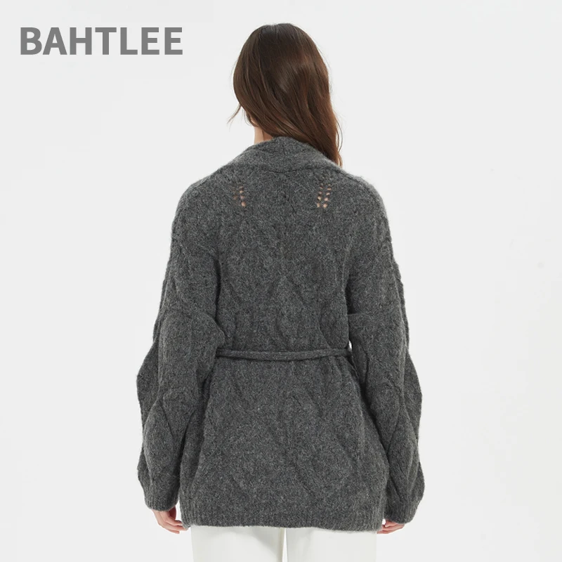 BAHTLEE-Women\'s Alpaca Wool Sweater, Long Sleeves Cardigan, V-Neck, Thick Knitted, Jacquard Weave Belt, Winter