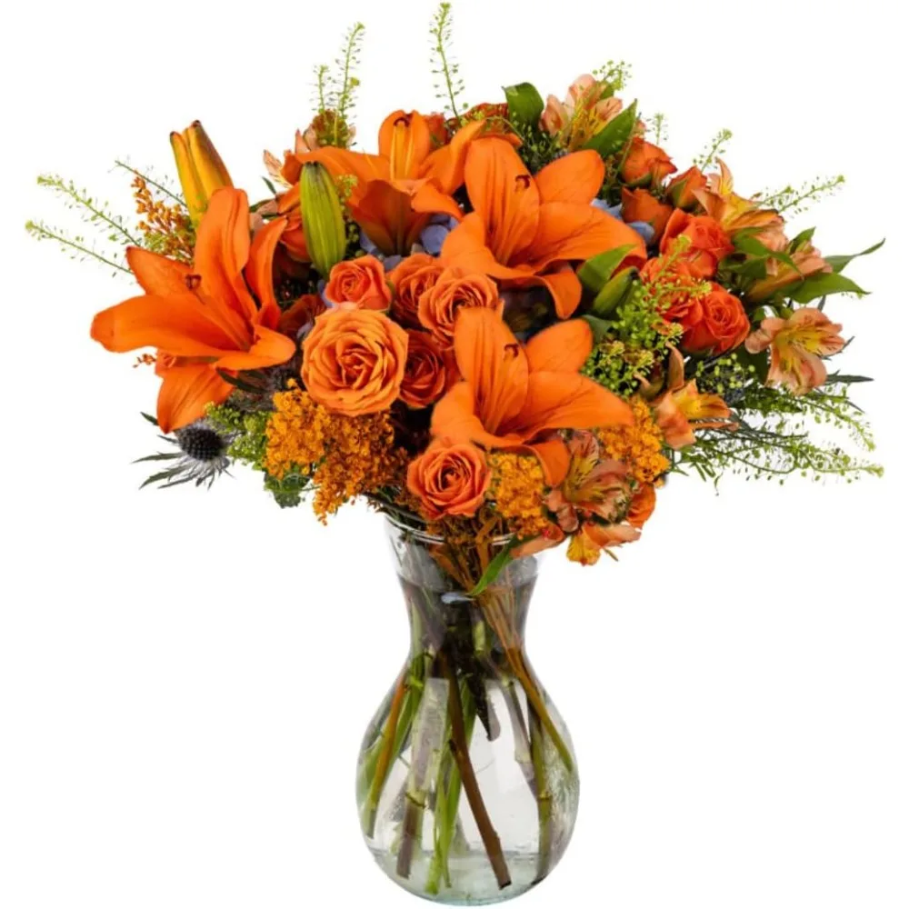 

Spice Fresh Fall Autumn Flowers Bouquet with Vase, Orange Fresh Flower Arrangement, Vases