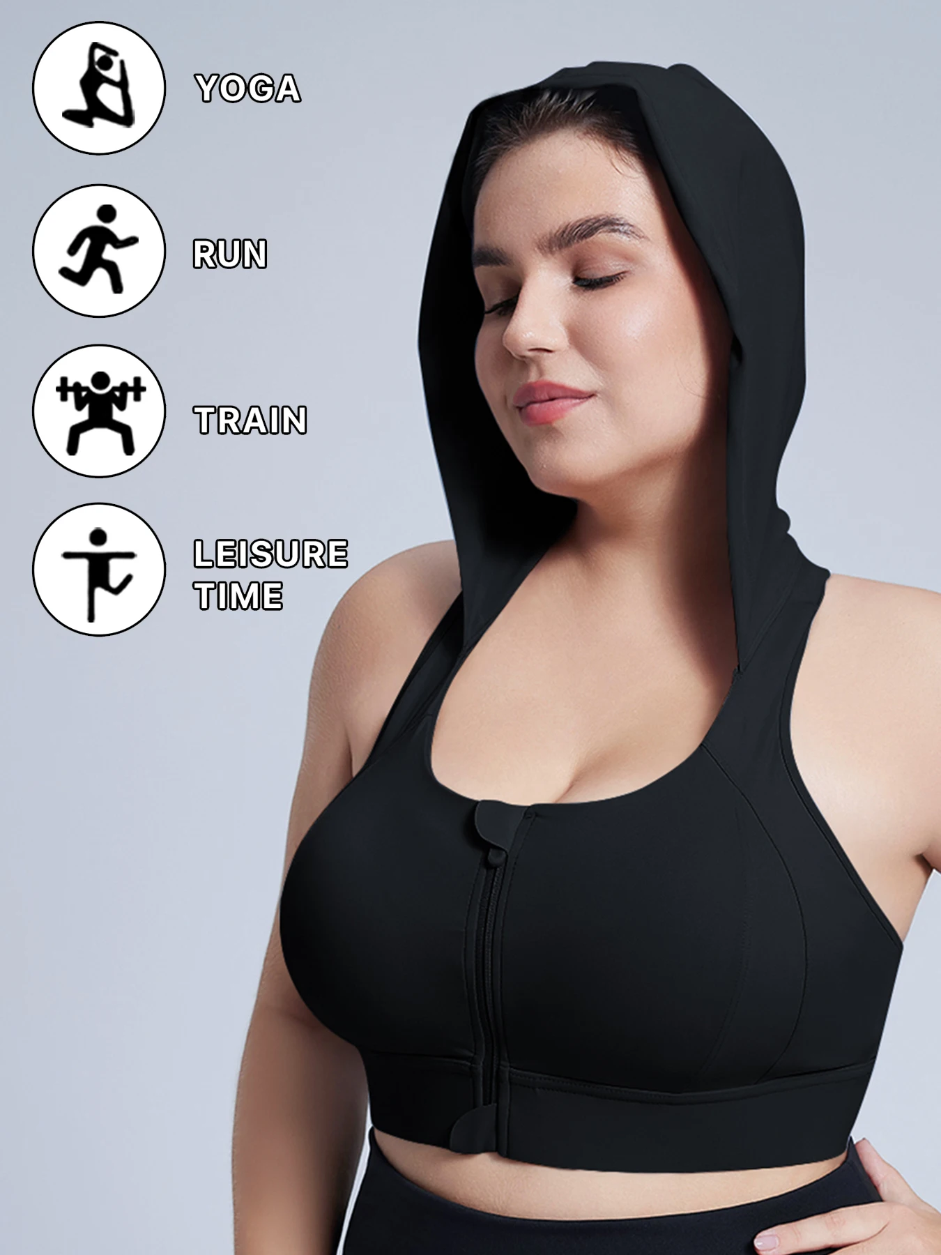 Large Size Sports Bra with Front Zipper and Hood, High-Intensity Shockproof Running Bra with Shaping and Gathering Features, Suitable for Running, Fitness, and Leisure