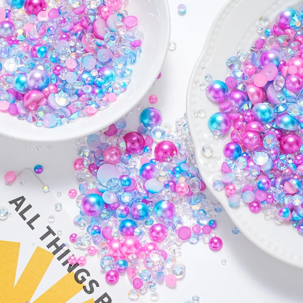 Set 30G Mermaid Pearl Beads Mixed Size Flat Back AB Pearl Resin Half Round Circular Pearls for Nail Art Makeup and Craft Jewelry