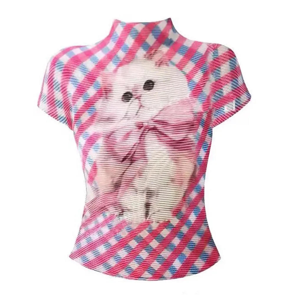 Damskie obcisłe T-shirty z krótkim rękawem, urocze różowe koszulki z nadrukiem kotów, elastyczne crop topy, Goblin Core, kokieteryjne Gyaru Aesthetic Y2K z lat 2000.