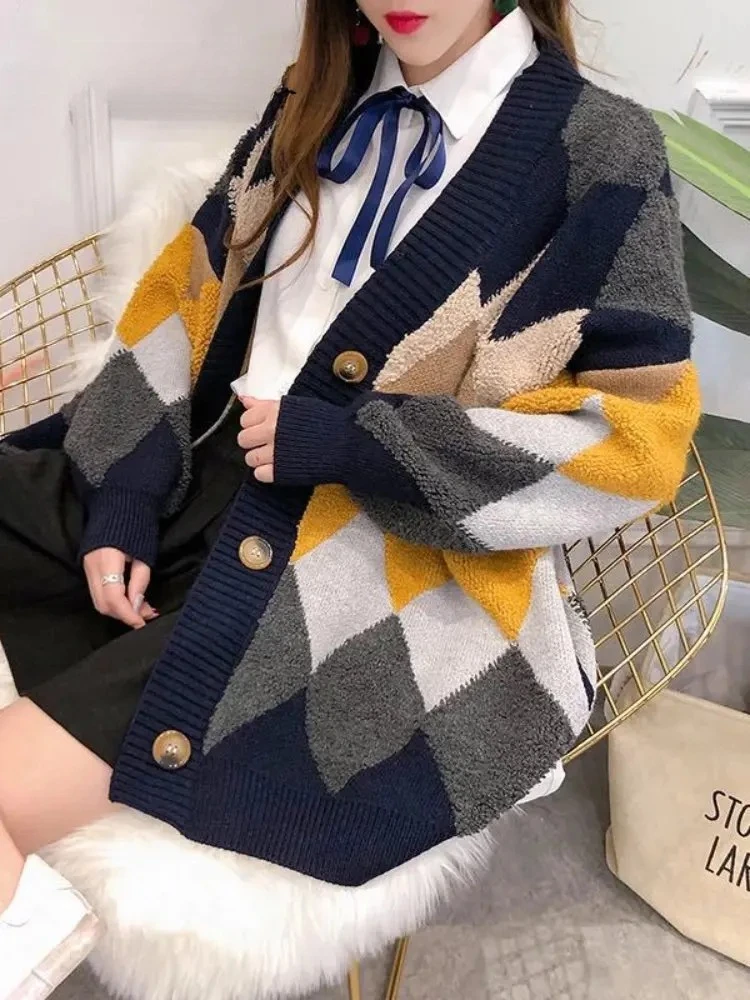 الخريف الشتاء منقوشة شيك بالأزرار زر نفخة الأكمام متقلب المتضخم المرأة البلوزات أنيقة متماسكة معاطف الملابس النسائية