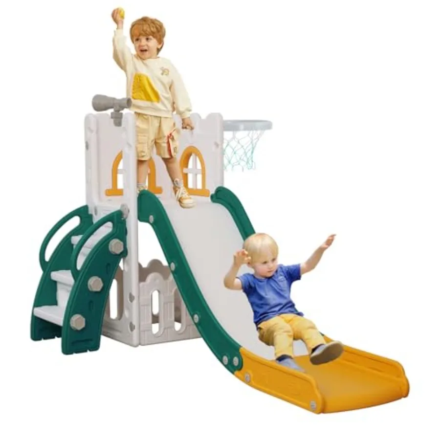 

6 in 1 Toddler Slide, Climber Slider for Indoor Outdoor Playground with Basketball Hoop, Storage and Telescope, L Shaped Slide
