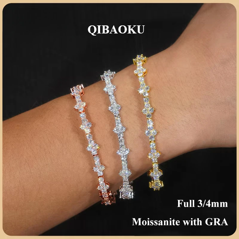 QIBAOKU 3/4mm Moissanite Tennis Bracelet for Men Women S925 Silver Plated 18k Pass Diamond Tester Link Bracelets 2026