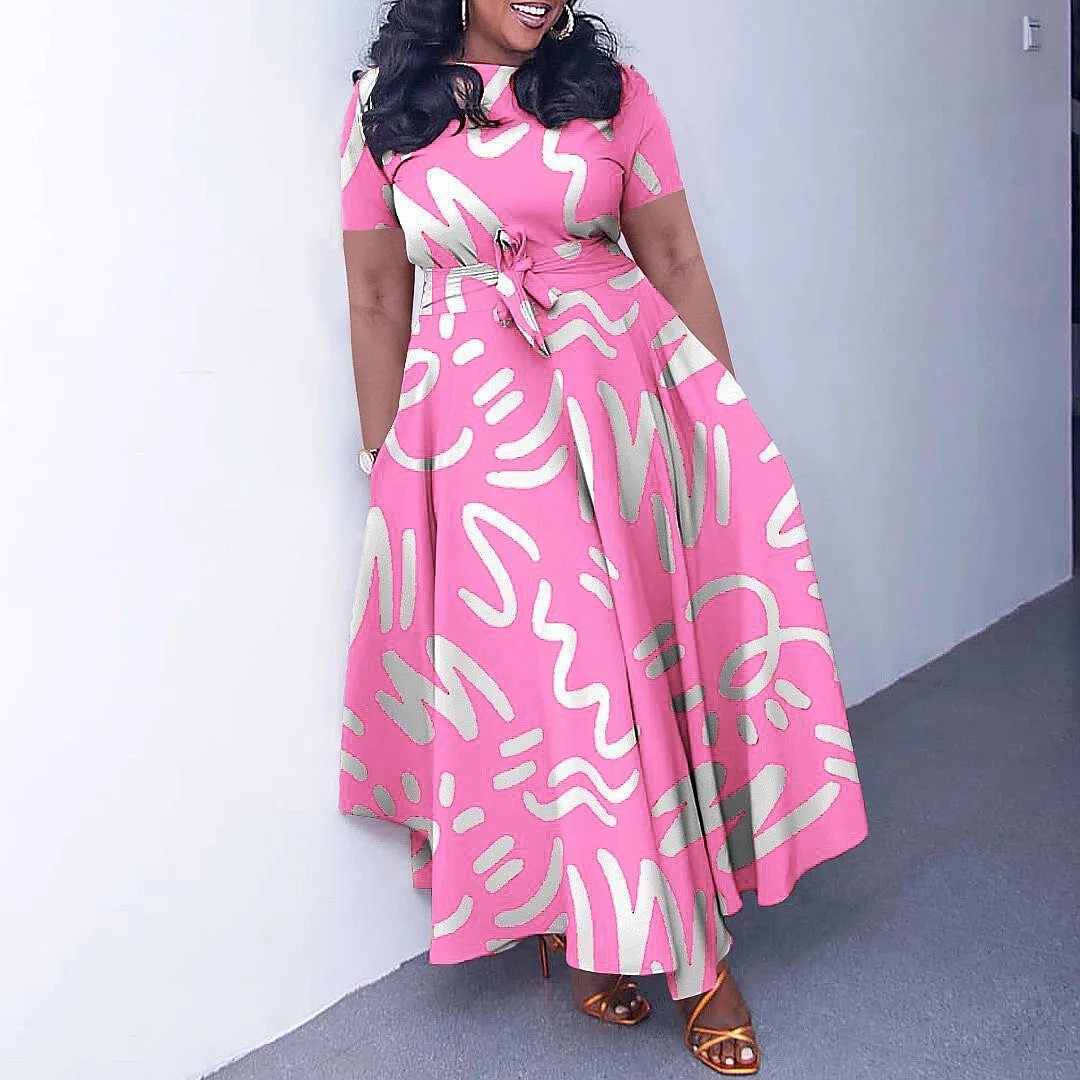 Women's Spring Summer African Print Short Sleeve Maxi Dress, Fashion Tie Front A-Line Dresses, Casual Flowy Sundress