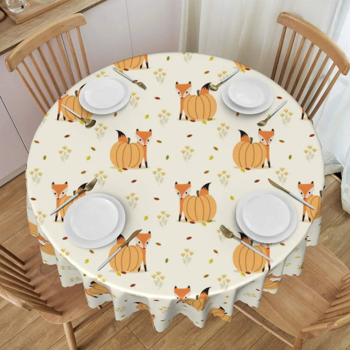 Custom Squirrel And Pumpkin Round Tablecloths 60 Inch Table Covers for Dining Table Cloth