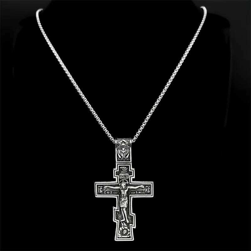 Östliche Orthodoxe Kreuz Jesus Anhänger Halskette Für Frauen Männer Edelstahl Silber Farbe Dark Punk Männliche Kette Schmuck Geschenke – Detail 4