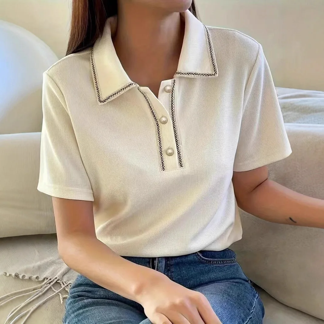 2026 Foreign Trade Women's Clothing Cross-Border European And American Amazon Solid Color Button Pullover Short-Sleeve Polo