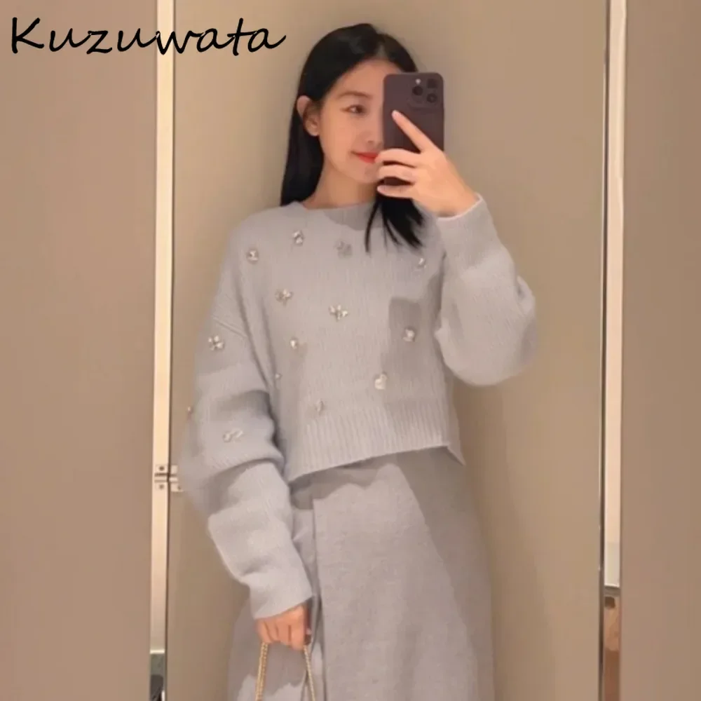 Kuzuwata New Sweet O Neck Long Sleeve Gentle Pull Femme Vent Beading Minority Pullover Tops Japan Slim Small Fellow Cute Knitted