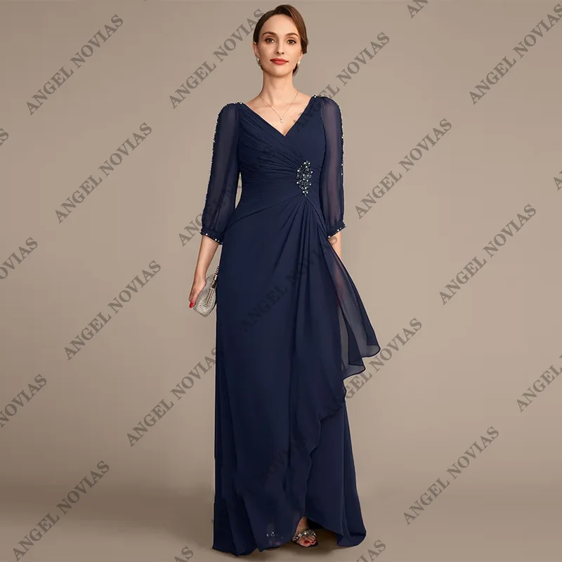 

Customized Long Navy Blue Mother of the Bride Dresses Evening Party Gowns Appliques Vestido De Festa De Casamento