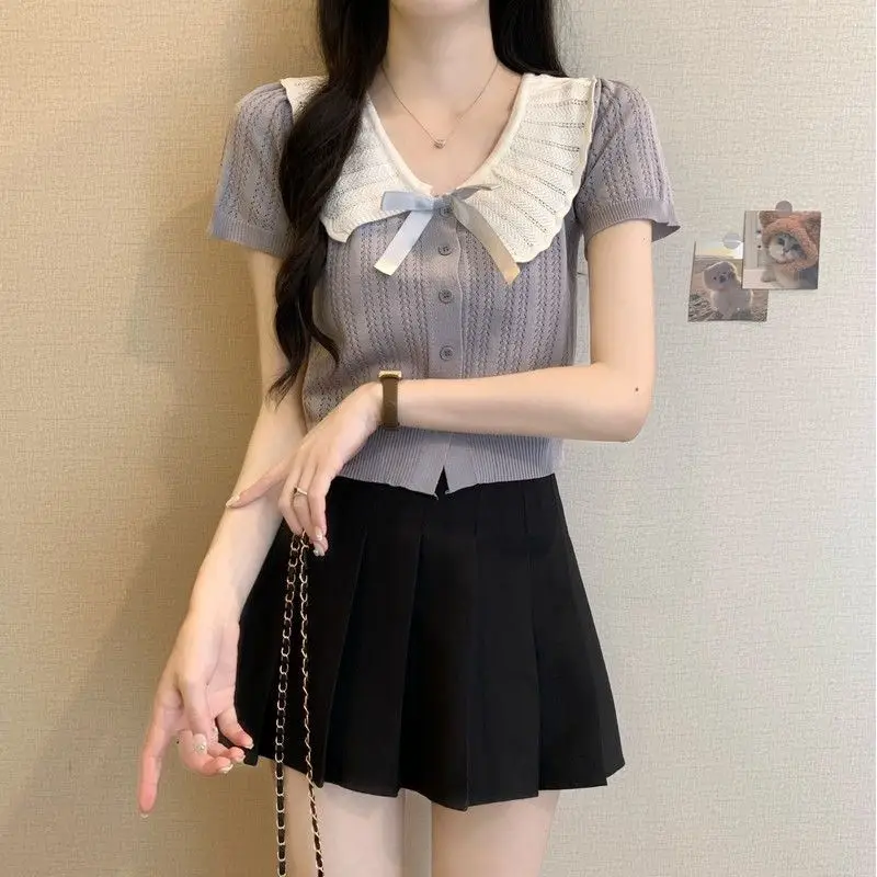 甘い多用途バタフライノットカラーブロック人形ショートニットカーディガン女性の夏のファッショナブルなトップポリエステル半袖