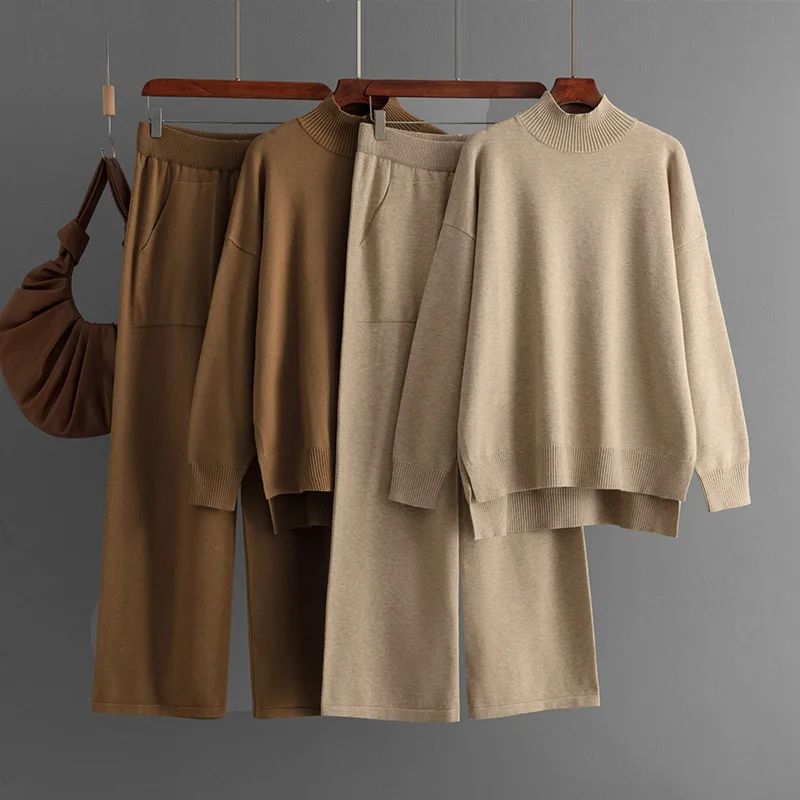 

Knitting 2 Piece Sets Women Muslim Sweater Knitted Wide Leg Pants Outfits Half High Collar Top Trousers Knitwear Suit 2025