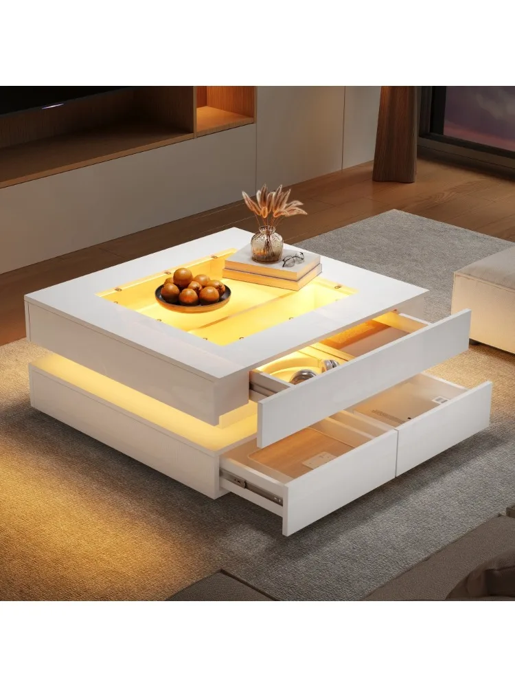Ye Highgloss Coffee Table with 3 drawers, LED lights, Square Centre Table with glass tabletop, Sofa Side Table ,70*70*35cm,White