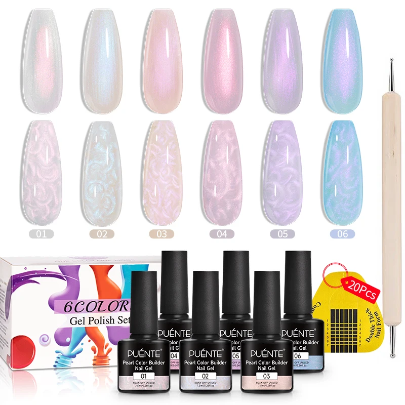 PUENTE 6pcs/set Pearl Color Builder Nail Gel Polish Shimmer Glitter Shell Thread Extension Nail Gel Soak Off UV Nail Art Varnish