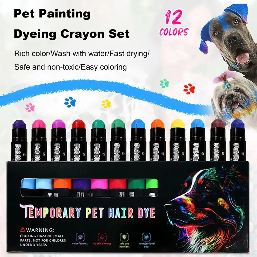 Pet Crayon Dog Hair Dye Paint Temporary 12 Colors Safe Pet Fur Markers Cat Horses Cattle Washable Quick-Drying Pet Hair Color