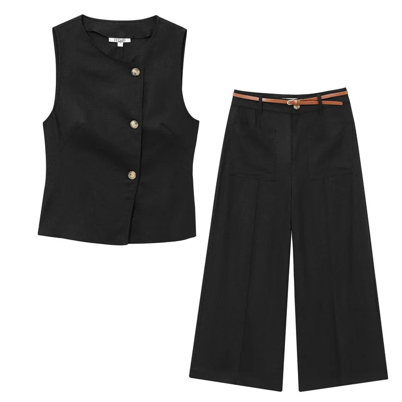 

Women's commuter slim fit linen blend double-breasted vest single-breasted straight trousers suit new women's fashion