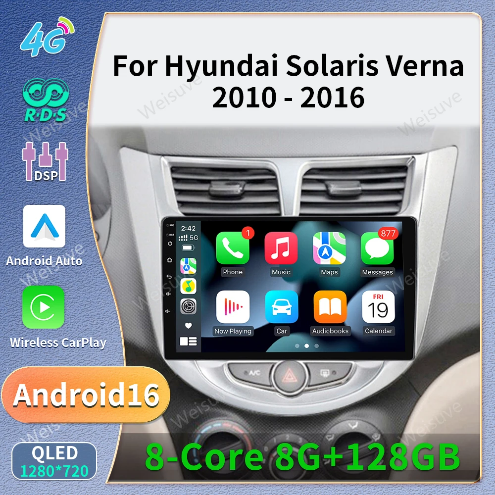 9'' Knob 2din Android 16 Autoradio CarPlay Car Radio Multimedia GPS Stereo For Hyundai Verna Accent Solaris 2010-2016