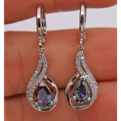 Cute Female Rainbow Water Drop Earrings Boho Silver Color Zircon Stone Earrings Crystal Long Dangle Earrings For Women