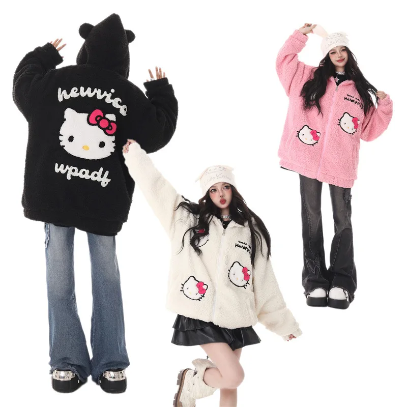 Sanrio Cartoon Hello Kitty Hooded Zipper Sweatshirt Lamb Wool Coat Girls Student Winter Loose Plush Thickened Warm Cotton Coats
