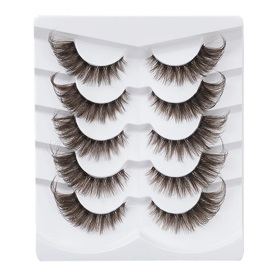 5 pairs of fluffy transparent brown false eyelashes with naturally curled mango eyes, creating a striking appearance