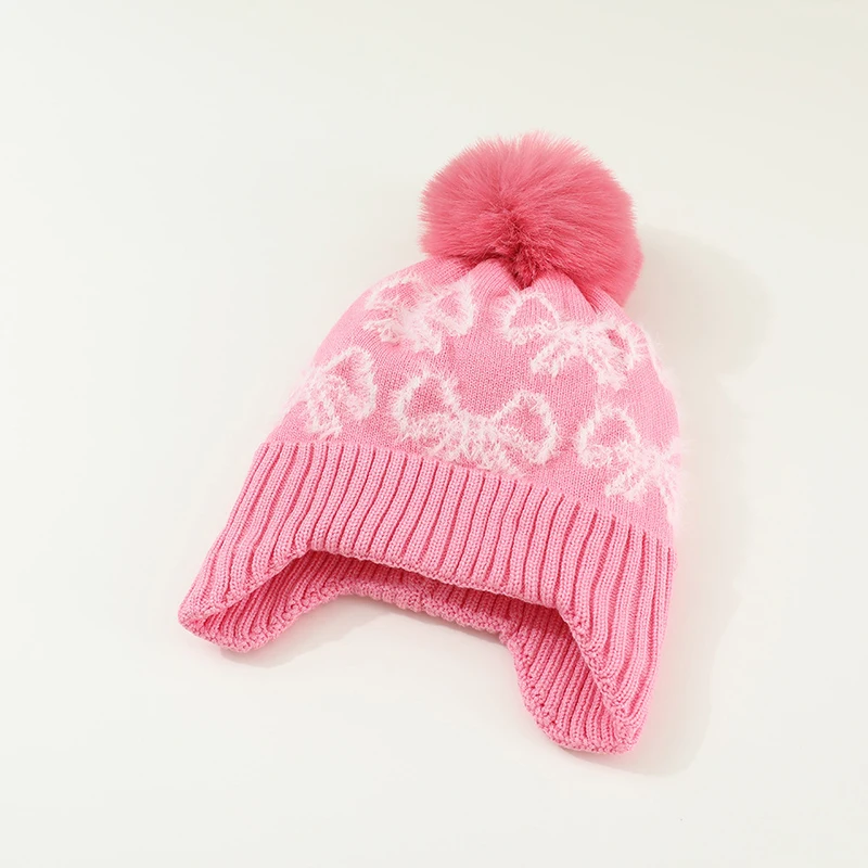 Gorros Plsuh con lazo rosa para niña, gorro cálido con protección para los oídos para bebé, gorro con orejeras con forro de terciopelo, gorro tejido de lana para niño de 1 a 5 años