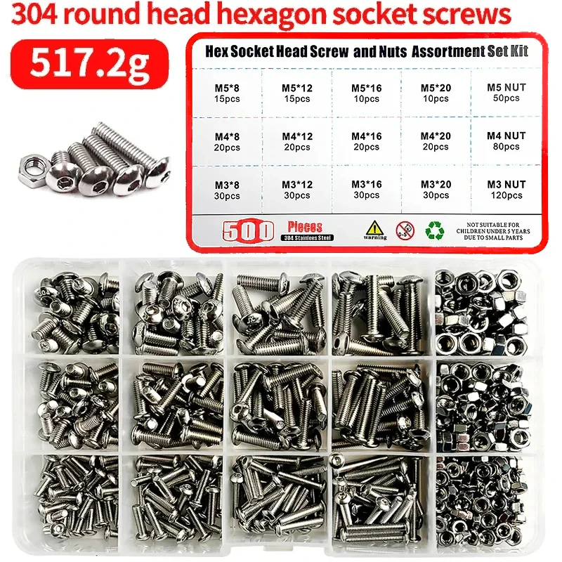 

500Pcs/Box 304 Stainless Steel Screws Hex Socket Button Head Allen Bolt Mechanical Screw M3 M4 M5